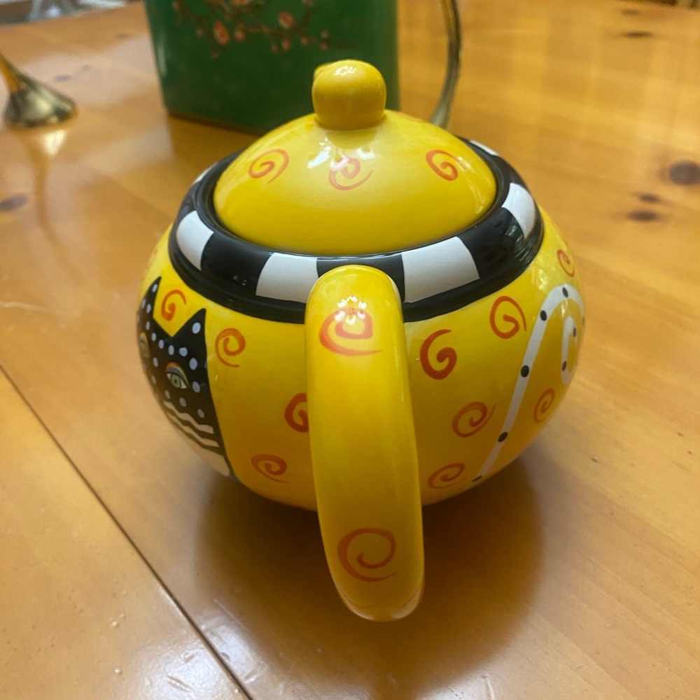 Laurel Burch Vintage 1998 Ceramic Polka Dot Cat Teapot Yellow/Black - Picture 4 of 14